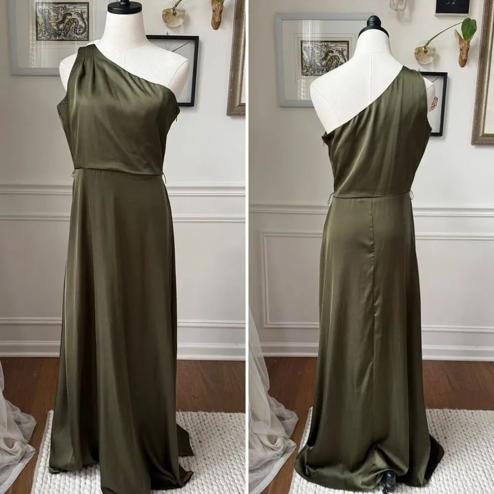Nicole Miller Satin Olive Ivy Green One Shoulder Dress Size 4 S